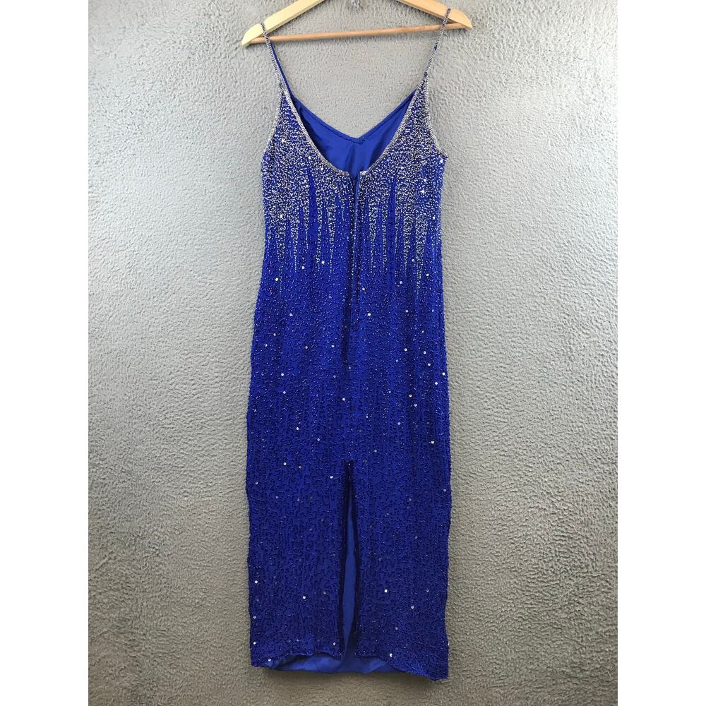 Lawrence Kazar Sequined Blue Silk Cocktail Dress - Size M - Picture 2 of 12